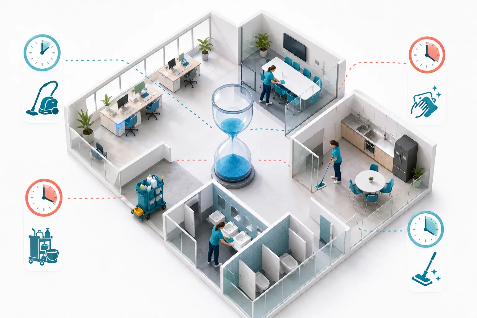 Illustration de l'article Comment calculer le temps nécessaire pour nettoyer des bureaux ?