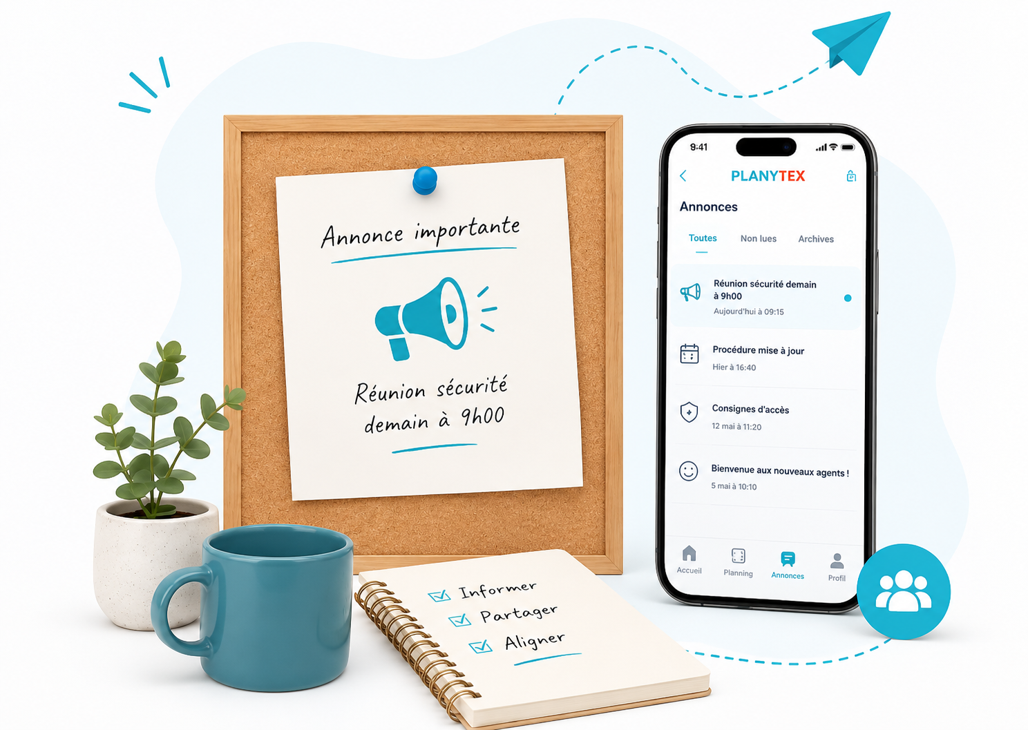 Annonces globales visibles dans la messagerie Planytex