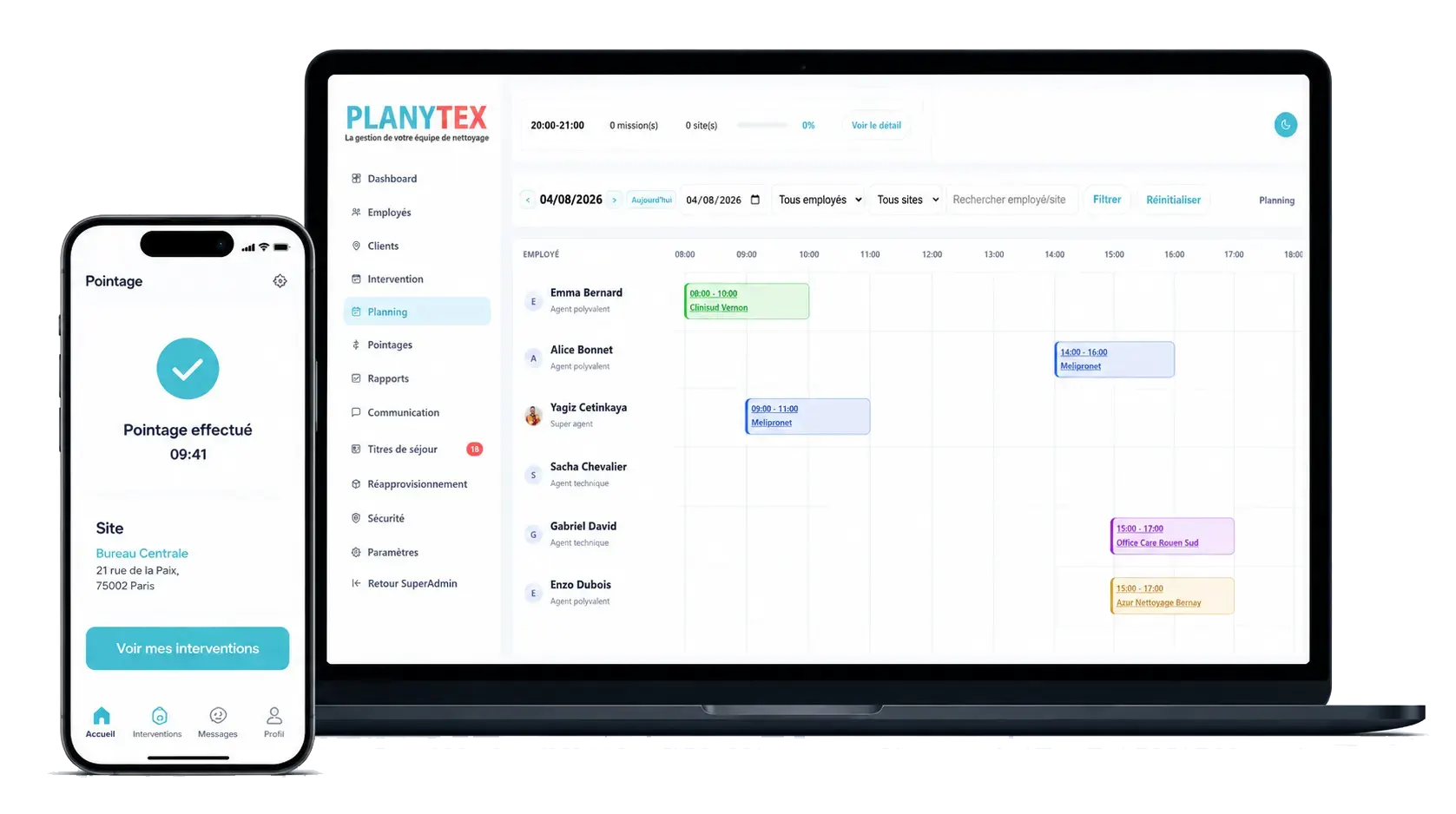 Interface de planning Planytex sur ordinateur et mobile